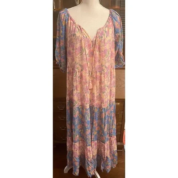 Free People Spell Rae Juniper Gown Puff Sleeve Printed Tiered Maxi Dress - Picture 5 of 9